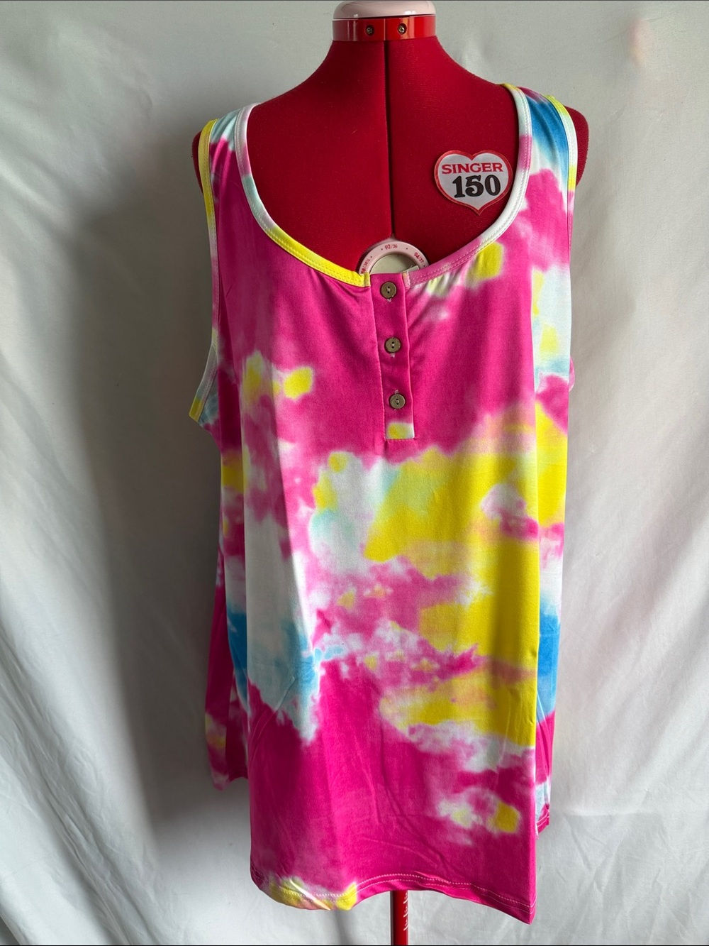 Tie-Dye Tank Top with Buttons - Pink Yellow Blue -